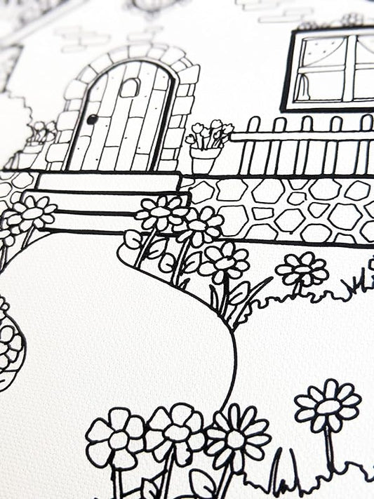 "Pretty Cottage" Pre marked Canvas For Adults, Stretched primed canvas 8x8 Inches | Premium Handmade Pre-Drawn Canvas | Art & Sip Party, DIY Kit, Party favor | Easy & fun drawings to paint | Wall Art