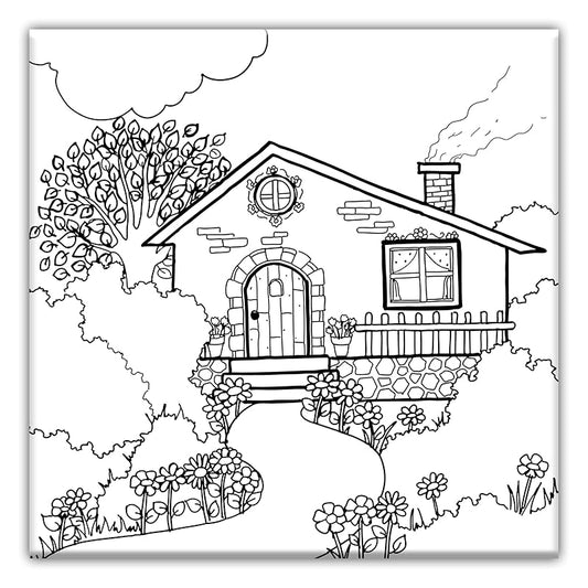 "Pretty Cottage" Pre marked Canvas For Adults, Stretched primed canvas 8x8 Inches | Premium Handmade Pre-Drawn Canvas | Art & Sip Party, DIY Kit, Party favor | Easy & fun drawings to paint | Wall Art